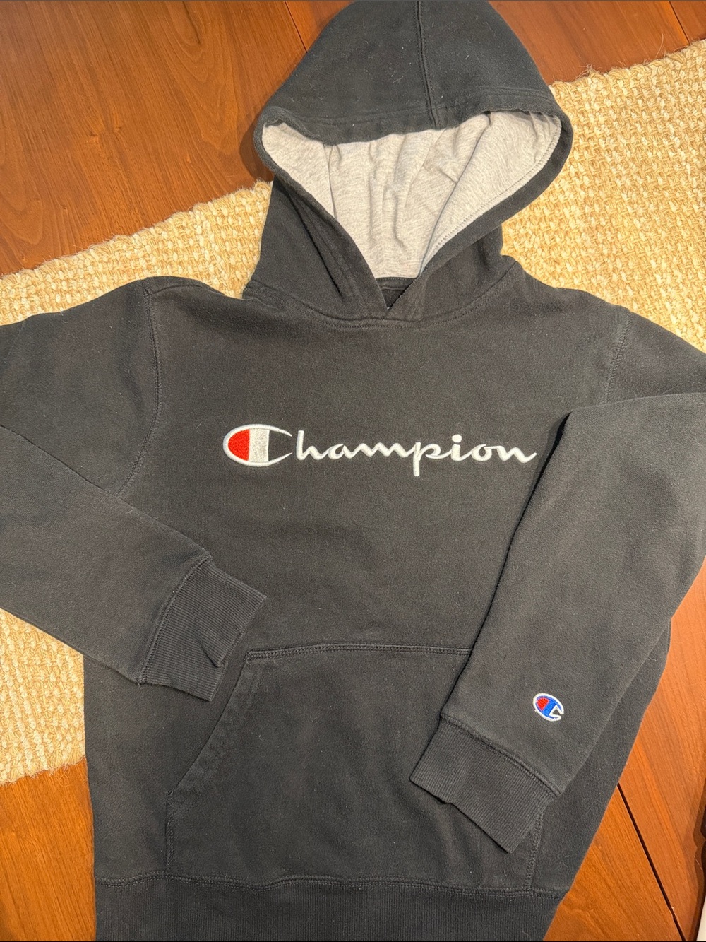 Champion Black Hoodie with Grey Lined Hood and Script Logo